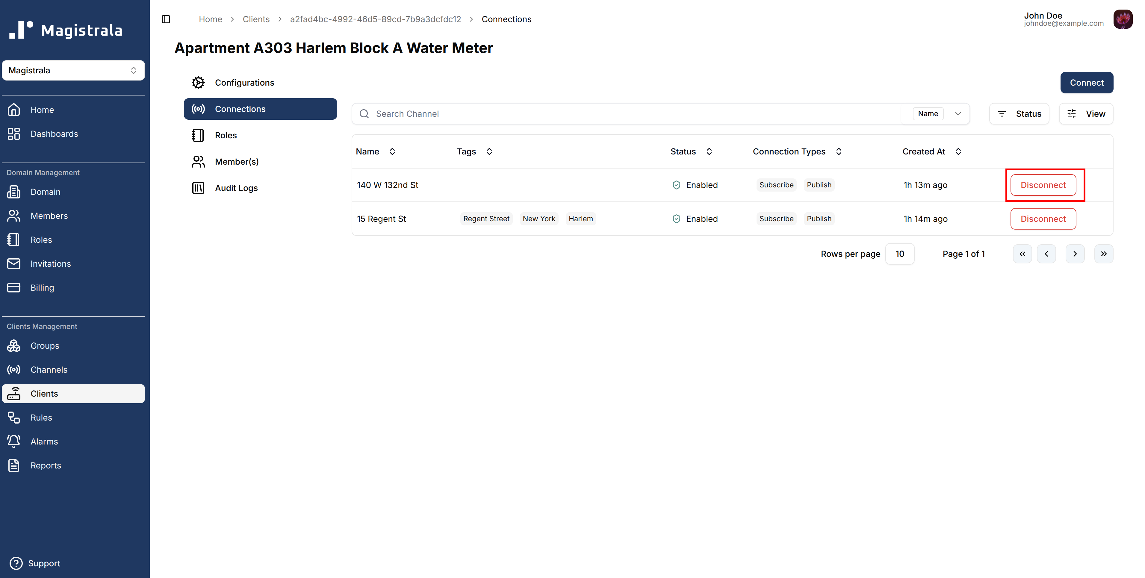 Disconnect channel button
