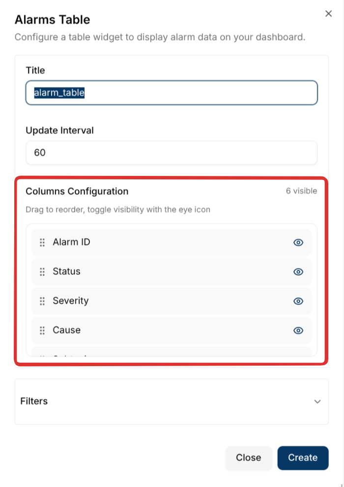 Alarm Table Column Configuration