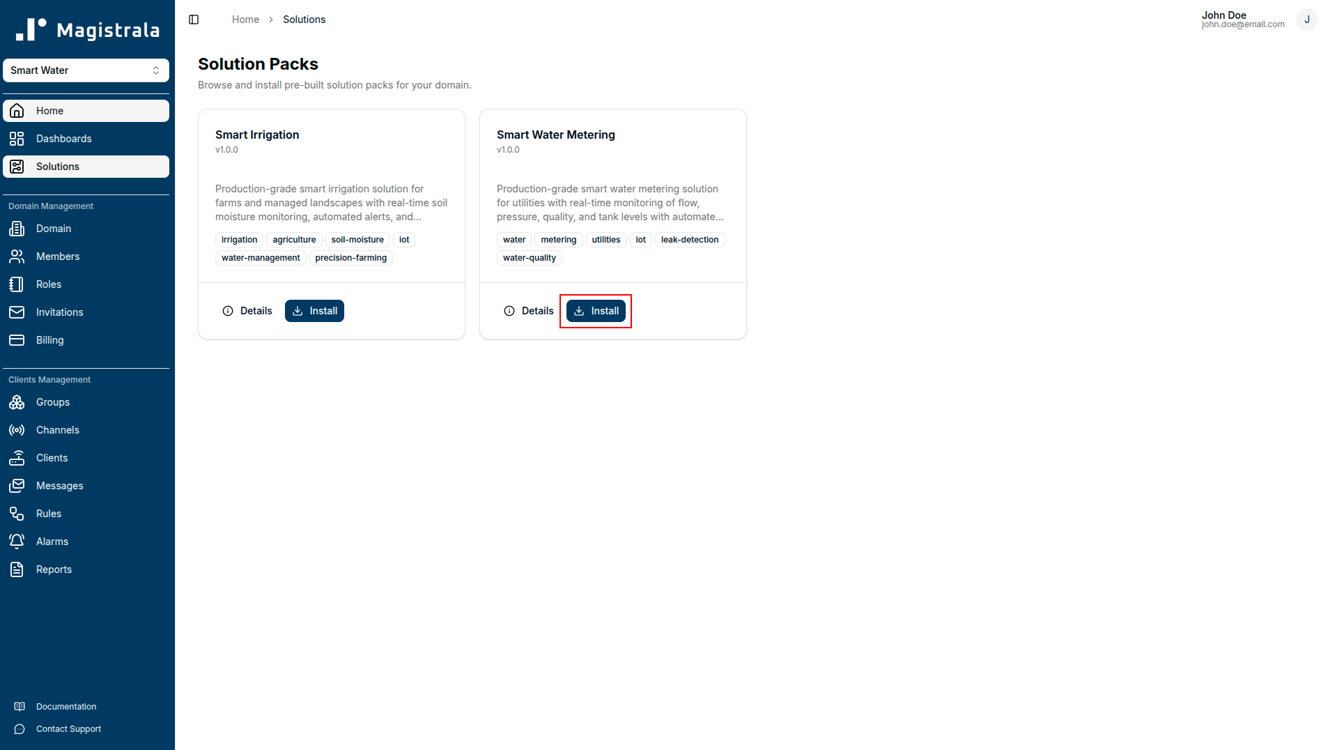 Install button on a solution pack