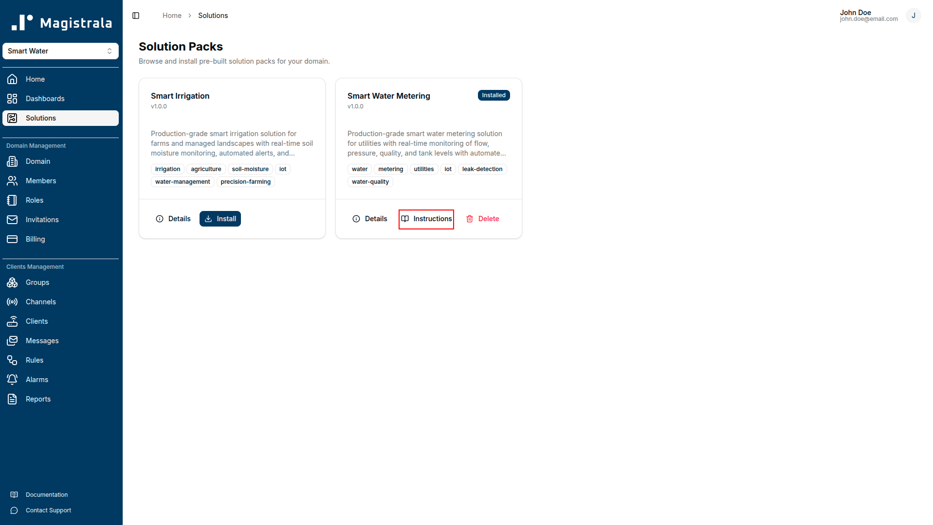 Instructions tab on an installed solution pack