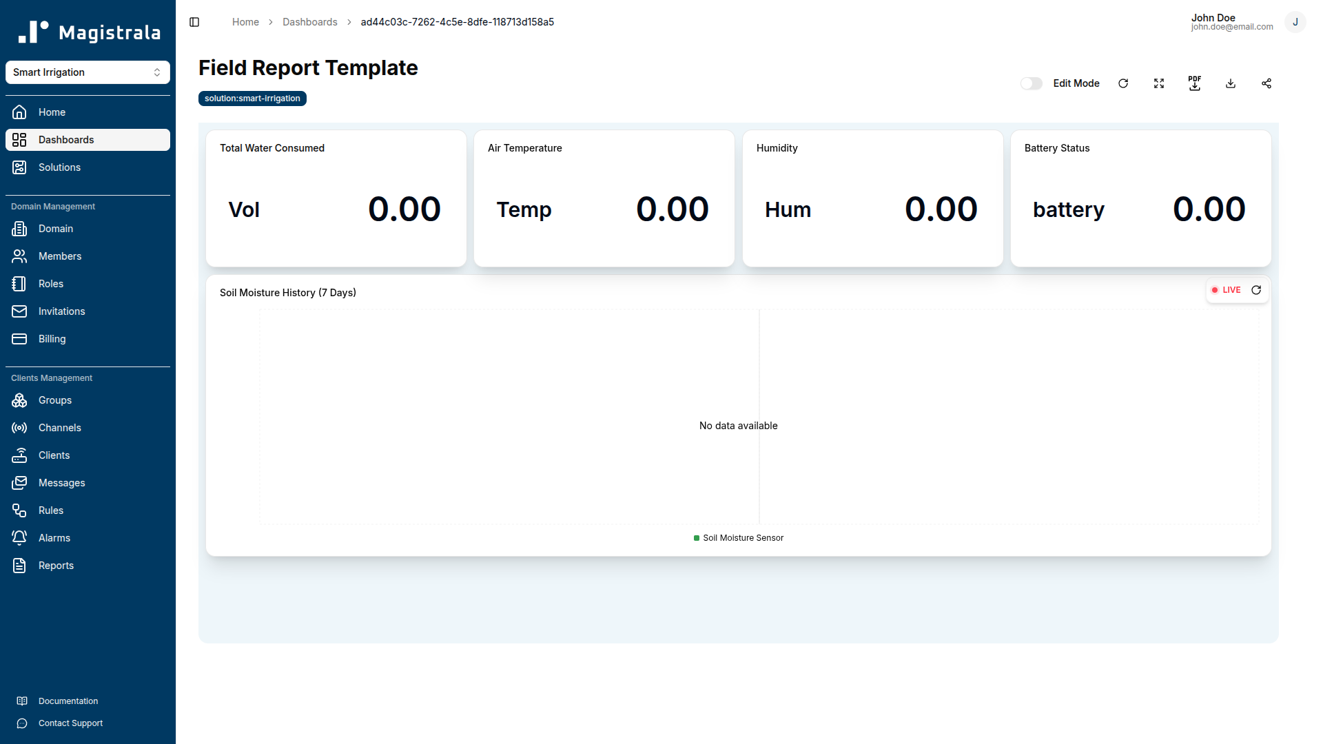 Field Report Template with soil moisture history, total water consumed, and device battery status