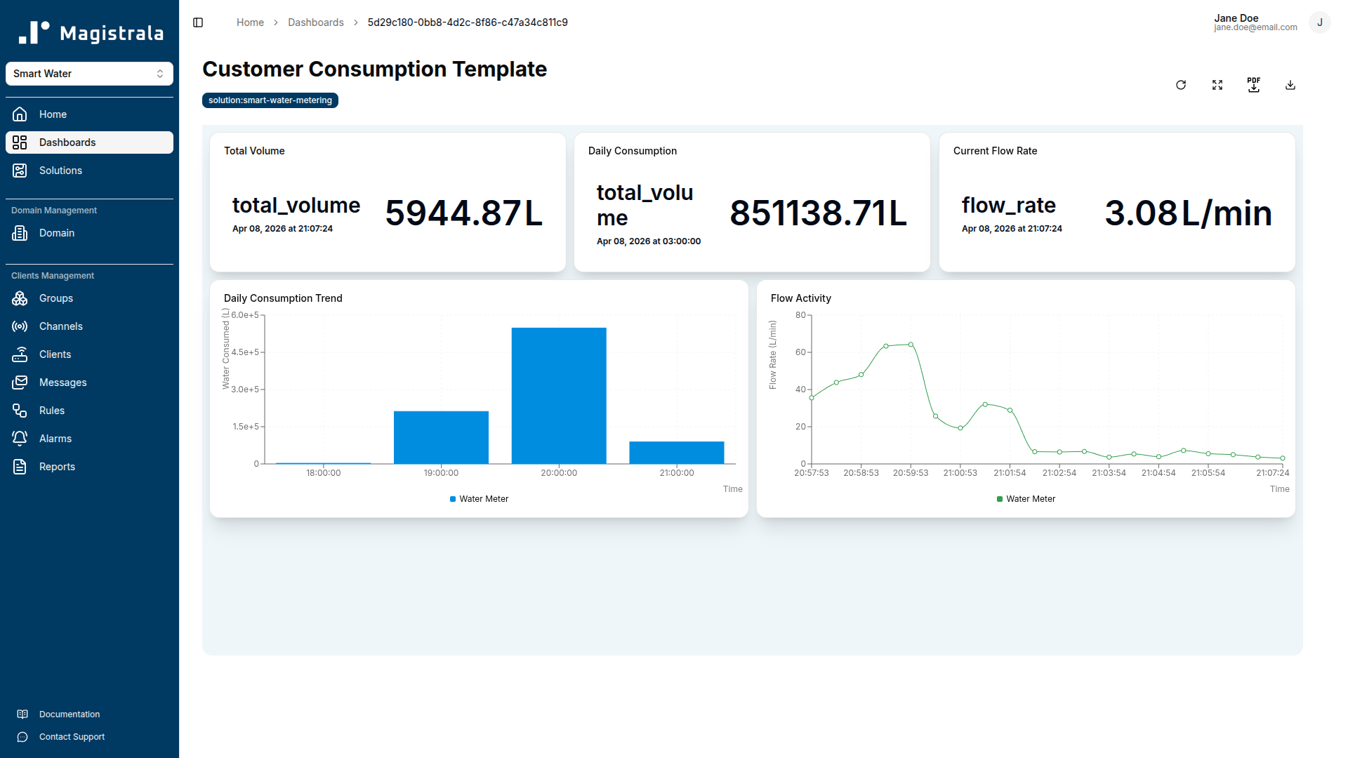 Customer Consumption Template with daily volume, flow rate, and hourly usage history