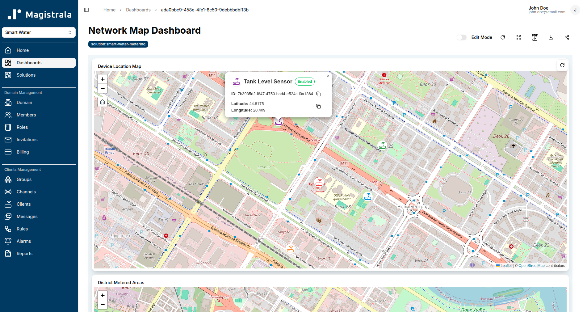 Network Map Dashboard showing device locations and district metered areas